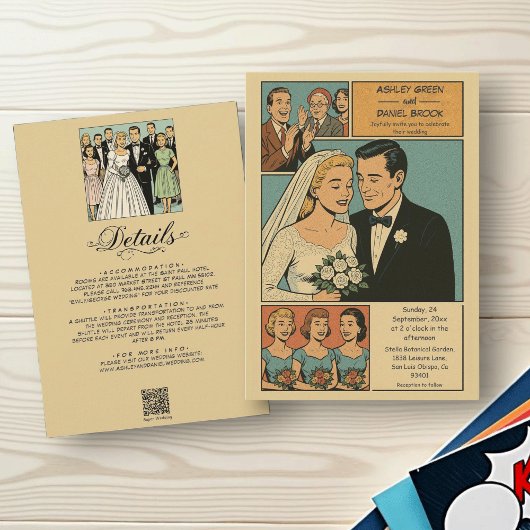 Retro Whimsical Romantic Bride Groom Comic Hochzei Einladung