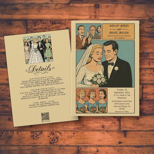Retro Whimsical Romantic Bride Groom Comic Hochzei Einladung