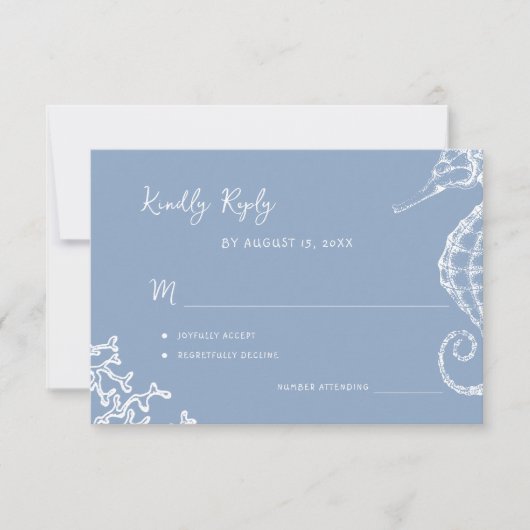 Retro whimsical script beach destination wedding RSVP karte (Vorderseite)