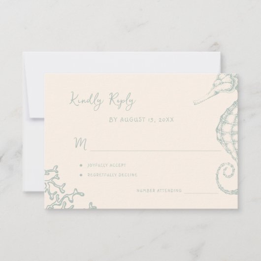 Retro whimsical script beach destination wedding RSVP karte (Vorderseite)