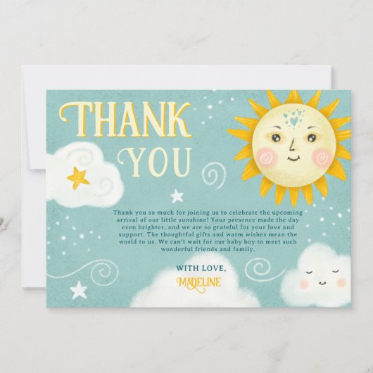 Retro whimsical Sun and Clouds Babydusche Dankeskarte (Vorderseite)