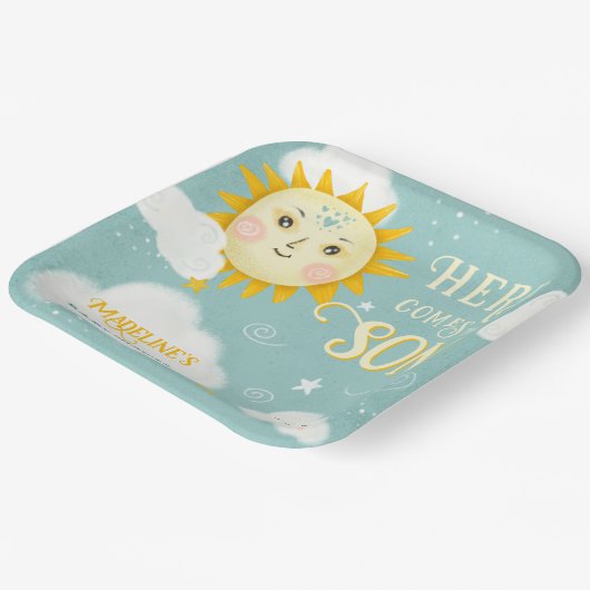 Retro whimsisical Sonne hier kommt der Sohn Baby D Pappteller (Gewinkelt)