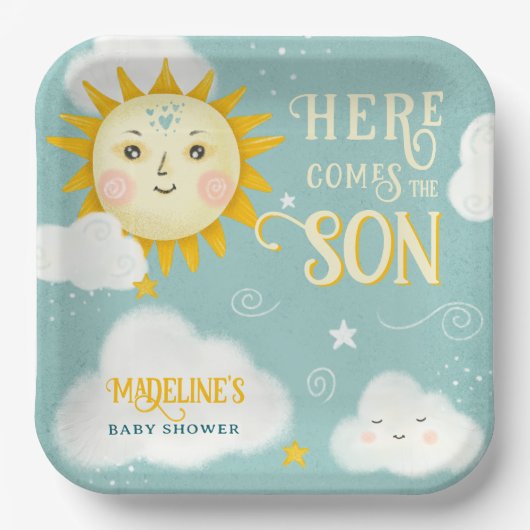 Retro whimsisical Sonne hier kommt der Sohn Baby D Pappteller (Vorderseite)