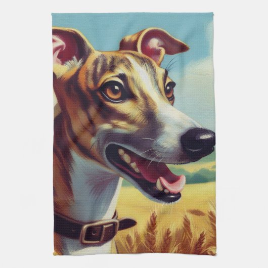 Retro Whippet Hunde-Gemälde Geschirrtuch (Vertikal)