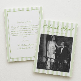 Retro White and Green Striped Wedding Photo  Dankeskarte