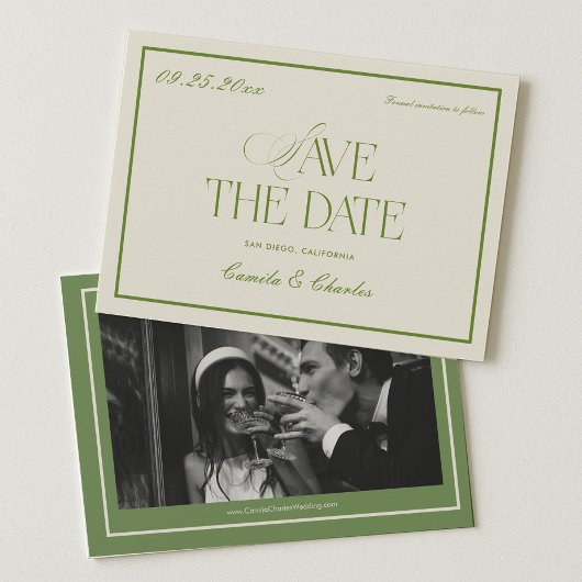 Retro White and Green Wedding Save the date Photo  Einladung