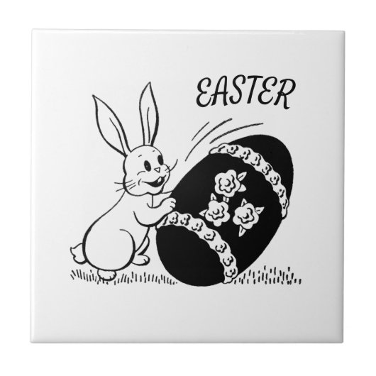 Retro White Bunny and Ostereier Keramik Tile Fliese (Vorderseite)