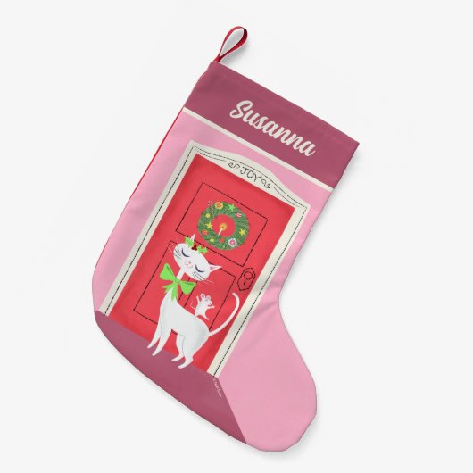 Retro White Cat and Mouse Kleiner Weihnachtsstrumpf (Vorderansicht (hängend))