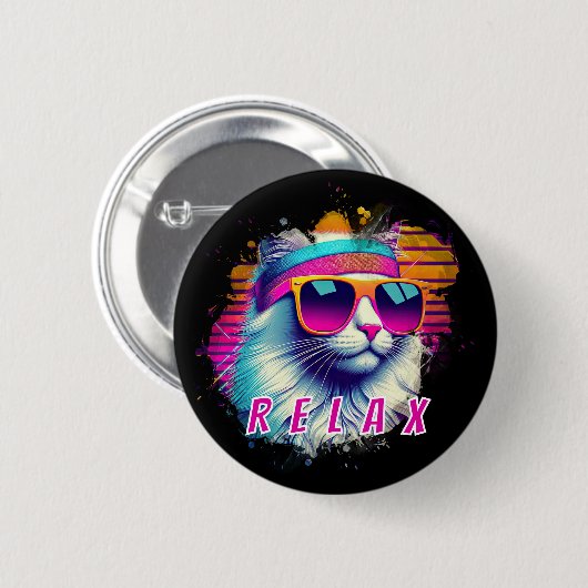 Retro White Cat mit Orange Sonnenbrille Custom Button (Vorne & Hinten)