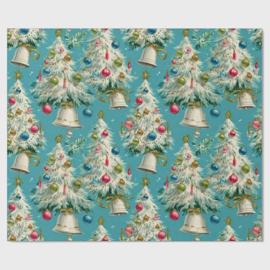 Retro White Christmas Trees Blue Geschenkpapier (Flach)