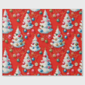 Retro White Christmas Trees Red Geschenkpapier (Flach)