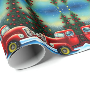 Retro White Christmas Vintag Red Truck and Trees Geschenkpapier