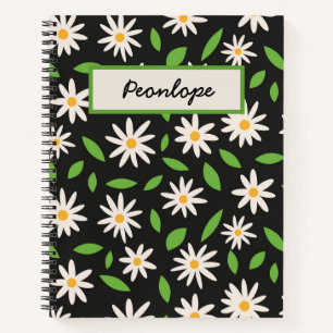 Retro White Daisies auf schwarz Personalisiert Notizblock
