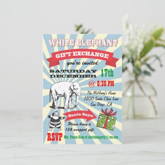 Retro White Elephant Weihnachten-Party Einladungen (Stehend Vorderseite)