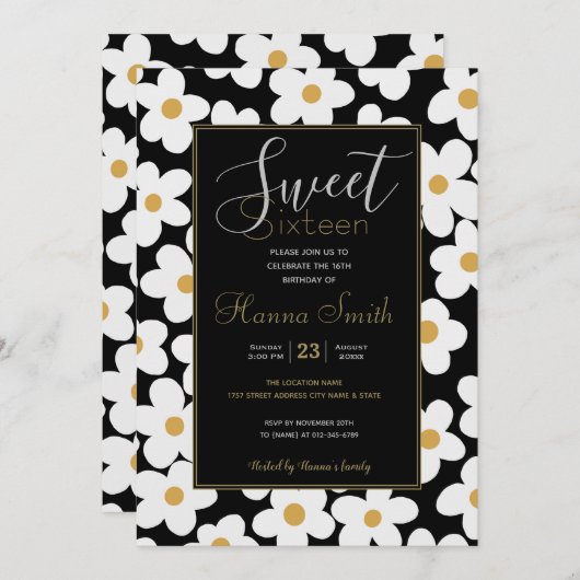 Retro White Gelb Big Daisy Blume Schwarzes Design Einladung (Vorne/Hinten)