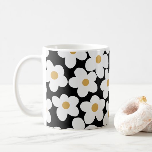 Retro White Gelb Big Daisy Blume Schwarzes Design Kaffeetasse (Mit Donut)