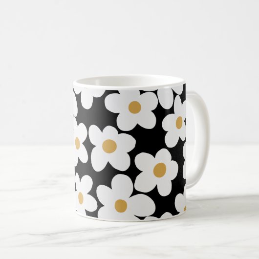 Retro White Gelb Big Daisy Blume Schwarzes Design Kaffeetasse (VorderseiteRechts)