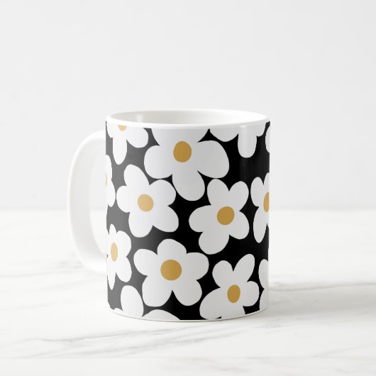 Retro White Gelb Big Daisy Blume Schwarzes Design Kaffeetasse (Vorderseite Links)