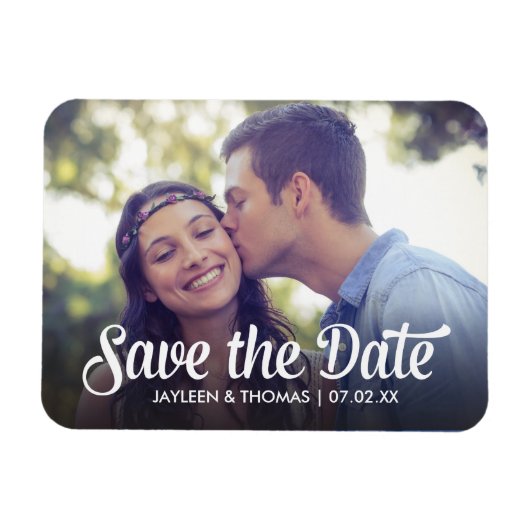 Retro White Script Save the Date Vollblutes Foto Magnet (Horizontal)