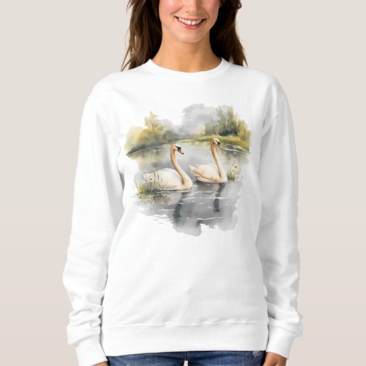 Retro White Swans Winter Lake Szene Sweatshirt (Vorderseite)