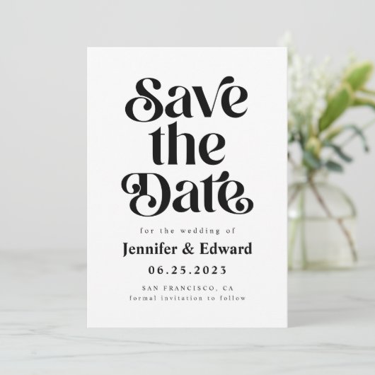 Retro White Wedding Save the Date (Stehend Vorderseite)