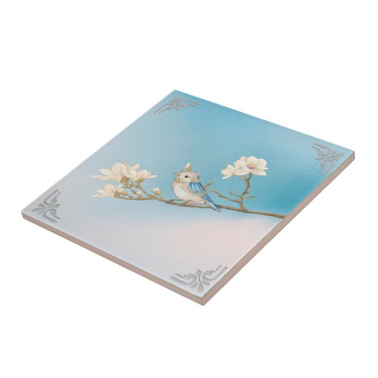 Retro WhiteBlue Bird und Bloom Art Fliese (Seite)