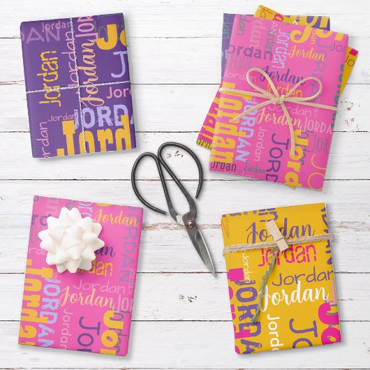 Retro Wiederholung von Namensfarben Rosa Lila gelb Geschenkpapier Set