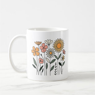 Retro-Wiesen-Vektorillustration mit Wildblumen Kaffeetasse