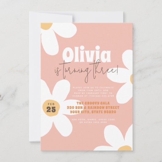 Retro Wild Daisy Boho Groovy Girl Birthday Party Einladung (Vorderseite)