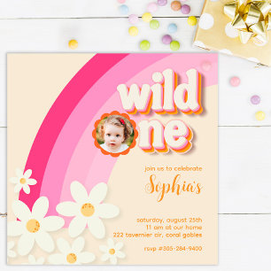 Retro Wild One Daisy Pink Foto Einladung   Boho