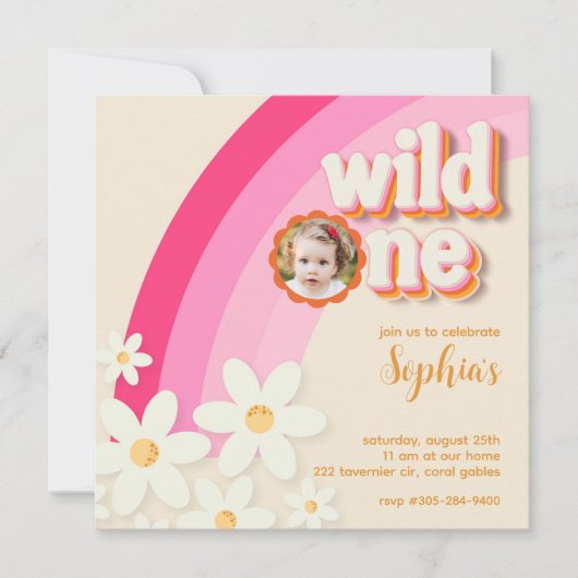 Retro Wild One Daisy Pink Foto Einladung | Boho (Vorderseite)