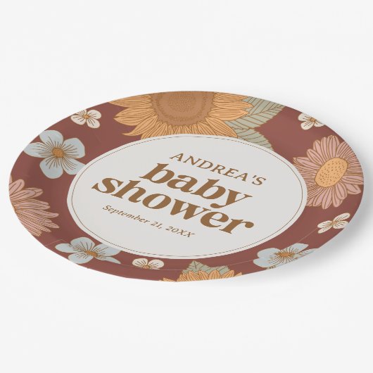 Retro Wildblume Girl Babydusche Pappteller (Schrägansicht)