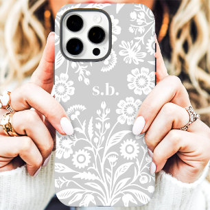 Retro Wildblume Grau florale Monogramm iPhone 16 Pro Max Hülle