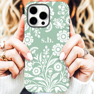Retro-Wildblumen-Mintgrün-Blumenmonogramm iPhone 16 Pro Max Hülle