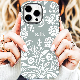 Retro-Wildblumen-Sage-Grün-Blumenmonogramm iPhone 16 Pro Max Hülle