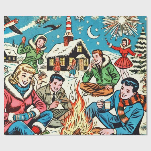 Retro Winter Comic Geschenkpapier (Flach)