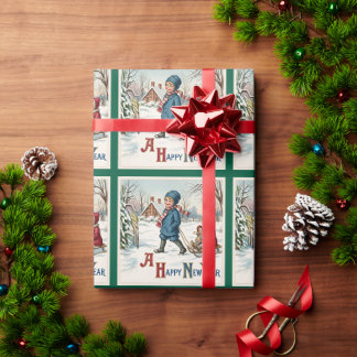 Retro-Winter-Kinder beim Schlittenfahren, Neujahrs Geschenkpapier