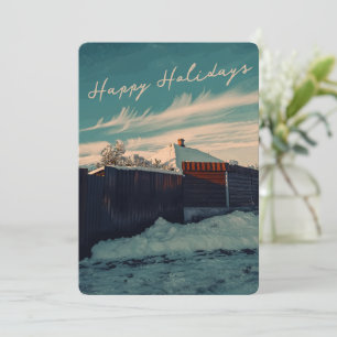 Retro-Winter-Schneelandschaft Blaugrüner Himmel Fe Feiertagskarte