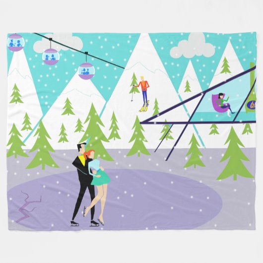 Retro Winter-Ski-Erholungsort-Fleece-Decke Fleecedecke (Vorderseite (Horizontal))