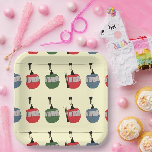 Retro Winter Ski Gondelbahn Skifahrer Creme Pappteller (Party)