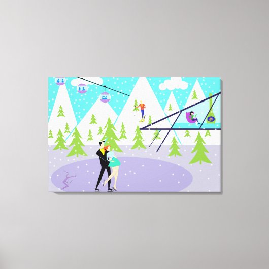 Retro Winter Ski Resort Stretched Canvas Print Leinwanddruck (Vorderseite)