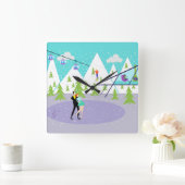 Retro Winter Ski Resort Wall Clock Quadratische Wanduhr (Zuhause)