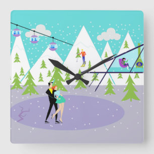 Retro Winter Ski Resort Wall Clock Quadratische Wanduhr