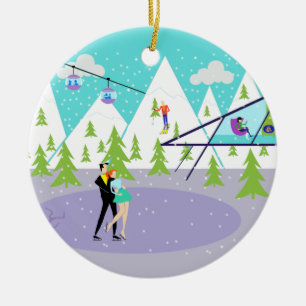 Retro Winter-Skiort-Weihnachtsverzierung Keramikornament