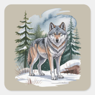 Retro-Winter-Wolf-Aquarell 90er-Wildnis Natur Quadratischer Aufkleber