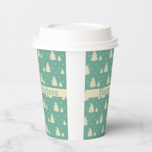 Retro Winterbaume auf Türkis mit Textband Pappbecher (Links)