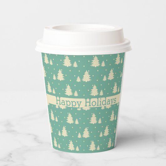 Retro Winterbaume auf Türkis mit Textband Pappbecher (Rückseite)