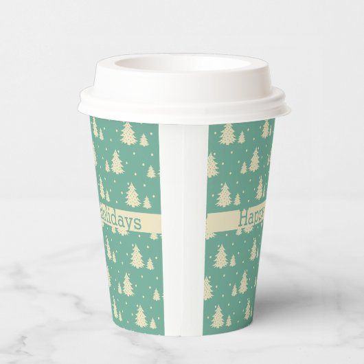 Retro Winterbaume auf Türkis mit Textband Pappbecher (Rechts)
