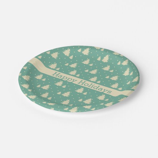 Retro Winterbaume auf Türkis mit Textband Pappteller (Schrägansicht)