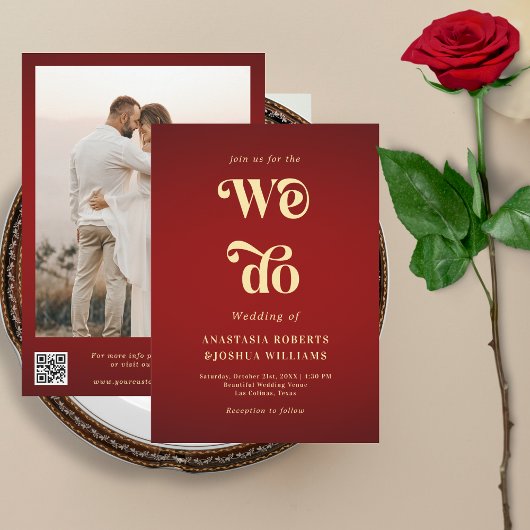 Retro Wir machen Crimson Red Gold QR Code Hochzeit Einladung